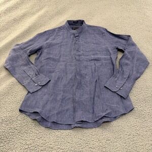 Coco Club Shirt Mens Size 16 41 Blue Pure Linen Slim Fit Band Collar Long Sleeve